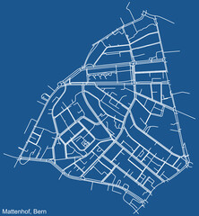 Detailed technical drawing navigation urban street roads map on blue background of the district Mattenhof Quarter of the Swiss capital city of Bern, Switzerland