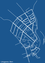 Detailed technical drawing navigation urban street roads map on blue background of the district Länggasse Quarter of the Swiss capital city of Bern, Switzerland
