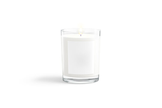 Blank white pillar candle in glass jar with label mockup