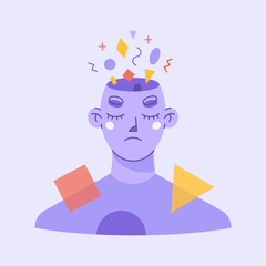Portrait of young adult person with sad face and various geometrical shapes coming out of his head. Anxiety, stress, depression and negative emotions concept. Colorful flat vector illustration. - obrazy, fototapety, plakaty