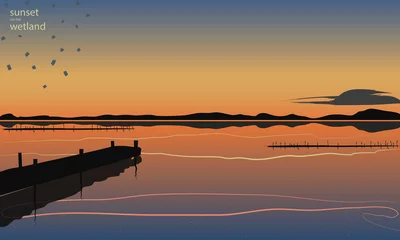 Foto op Plexiglas Sunset on Wetland, background of a lagoon with mountain silhouettes and pier. Orange, blues, yellow and black colors. Flat style with hand drawn lined strokes and dots pattern. Vectored illustration. © VanesaDuque