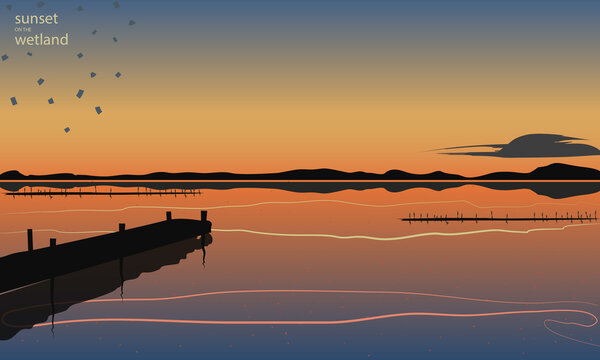 Sunset on Wetland, background of a lagoon with mountain silhouettes and pier. Orange, blues, yellow and black colors. Flat style with hand drawn lined strokes and dots pattern. Vectored illustration.