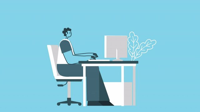 Cartoon angry man working on a broken computer at workplace. Flat Design 2d Character Isolated Loop Animation with Alpha channel