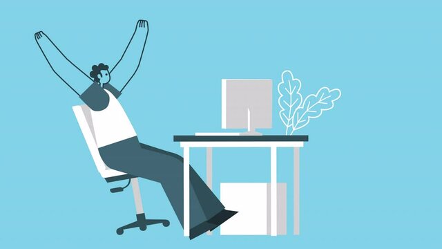 Cartoon happy successful man working on computer at workplace. Business hurray concept. Flat Design 2d Character Isolated Loop Animation with Alpha channel