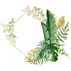 Watercolor geometric frame, Exotic gold glitter bohemian polygonal frame, Tropical leaves illustration isolated on white background, Hand painted monstera leaf frame, for wedding stationary, greetings