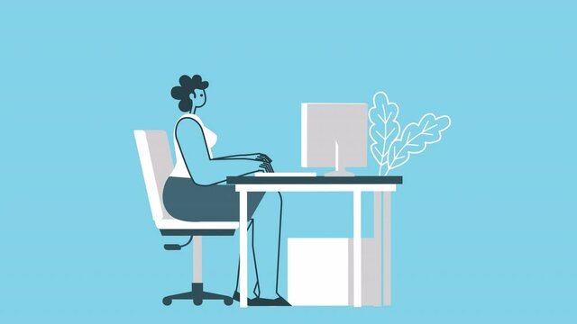 Cartoon angry woman working on broken computer at workplace. Flat Design 2d Character Isolated Loop Animation with Alpha channel