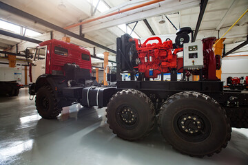 Car production factory. Fire truck with diesel water pump. Aralsk, Kazakhstan.