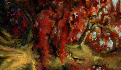 Fototapeta na wymiar Red autumn. Oil painting. Autumn landscape.