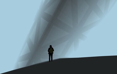 Silhouette of a man standing near futuristic abandoned building 3d illustration