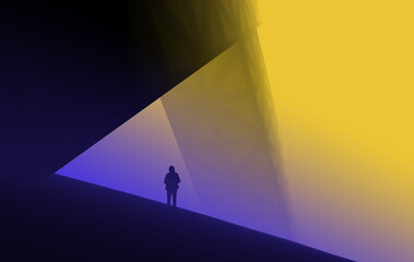 Fototapeta premium Silhouette of a man standing near futuristic abandoned building 3d illustration