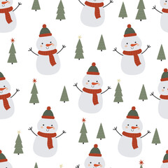 Seamless vector pattern with funny snowmen and Christmas trees. Winter seamless background in flat cartoon style.