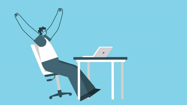 Cartoon happy winner man working on laptop at workplace. Business hurray concept. Flat Design 2d Character Isolated Loop Animation with Alpha channel
