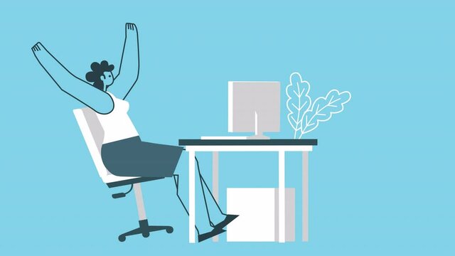 Cartoon happy successful woman working on computer at workplace. Business hurray concept. Flat Design 2d Character Isolated Loop Animation with Alpha channel