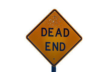 Road sign indicating Dead End that was shot with a shotgun isolated on white background
