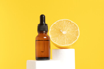 Serum with vitamin C. Lemon essential oil. Great fermented ingredient.Glass bottle with a pipette,...
