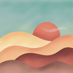Digital wavy collage of mountains silhouette and sun, background with hues of beige, red and golden shapes.