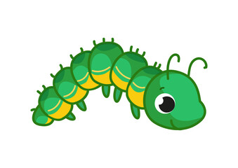 Fototapeta premium Green fat caterpillar, cute childish drawing style. Cheerful happy worm is crawling. Playful kid is walking. Small insect in motion. Colored flat vector illustration of a cute pet isolated.