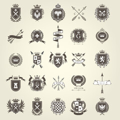 Set of heraldic blazonы, coat of arms, knight and chivalry emblems, shield crest,  heraldry vector - obrazy, fototapety, plakaty