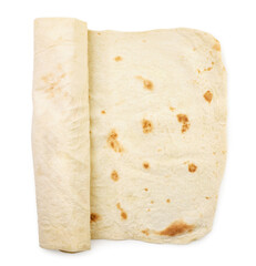 Armenian thin rolled lavash on a white background, isolated. Top view