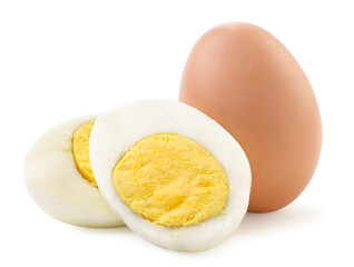 Boiled chicken egg, whole and half on a white background. Isolated