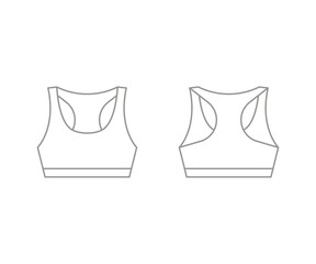Woman sport bra sketch outline template, crop top for active. Girl wear tank top. Technical mockup bra in front and back view. Vector flat Illustration