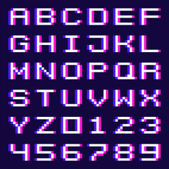 Latin alphabet letters and numbers glitch pixel art style. Vector object. Vector Illustration