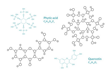 Phytic Acid. Quercetin. The Structural Formula of a Chemical Compound. Line Graphic Representation of the Molecular Structure. C6H18O24P6, C15H10O7. Vector Illustration