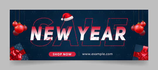 new year sale web or social media banner template with  Christmas giftbox boll