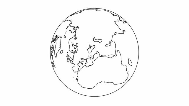 Globe drawn with black lines on white background rotates.