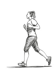 Fototapeta na wymiar Sketch of running young woman, Hand drawn vector illustration
