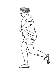 Sketch of running fat woman, Hand drawn vector linear illustration