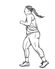 Sketch of running overweight woman, Hand drawn vector linear illustration