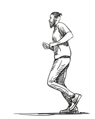 Sketch of running man with hipster haircut and beard, Hand drawn vector illustration