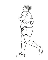 Sketch of running overweight woman, Hand drawn vector linear illustration