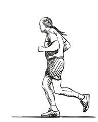Fototapeta na wymiar Sketch of running senior man with long hair in ponytail, Hand drawn vector illustration