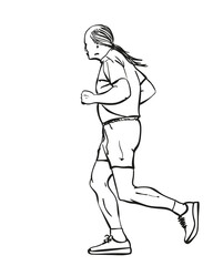 Fototapeta na wymiar Sketch of running senior man with long hair in ponytail, Hand drawn vector linear illustration