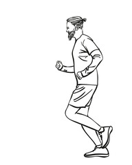 Sketch of running man with hipster haircut and beard, Hand drawn vector linear illustration