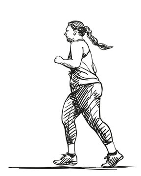 Sketch of running overweight woman, Hand drawn vector illustration