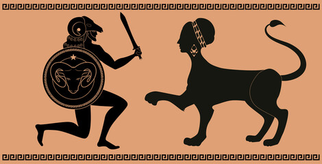 Representative figures of classical Greek ceramics. Greek hero brandishing sword and shield, wearing helmet and sheepskin, facing a sphinx with the head of a woman and the body of a lion.