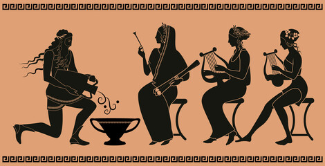 Representative figures of classical Greek ceramics. Three women or muses and a water man pouring water over a vessel.