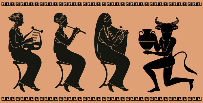 Representative figures of classical Greek ceramics. Three women playing music and minotaur