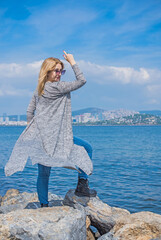 Travelling concept. Modern beautiful woman at Princes Islands, vacation in Istanbul. 