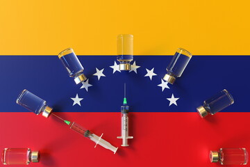 Syringes and medical vials on the flag of Venezuela. Vaccination related conceptual 3D rendering