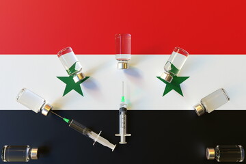 Flag of Syria and syrines with vaccine vials. Vaccination time concept 3D rendering
