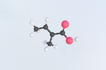 Tiglic acid molecule made with balls, isolated molecular model. 3D rendering