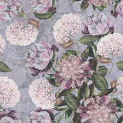 Watercolor  flowers bouquet on a gray background. Floral seamless pattern.