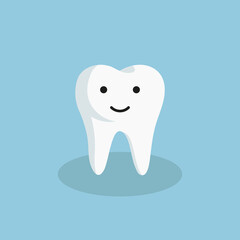 flat style illustration of healthy white tooth. cute child tooth character smiling on blue background. dentistry concept. Tooth icon
