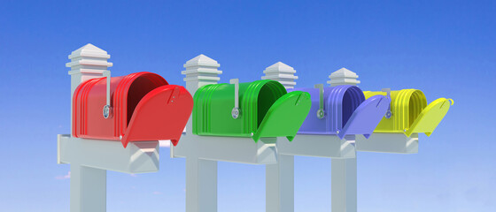 Colorful retro mail boxes set on blue sky background, open door and raised flag, 3d illustration