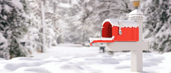 Snow covered mailbox, blur snowed country background. Empty retro red postbox open. 3d illustration