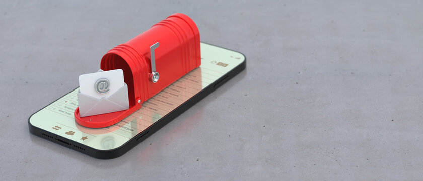 Email inbox. Red retro mailbox open on a mobile screen, gray color background. 3d illustration